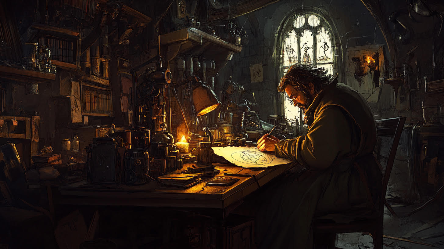 Leonardo Da Vinci drawing in his studio