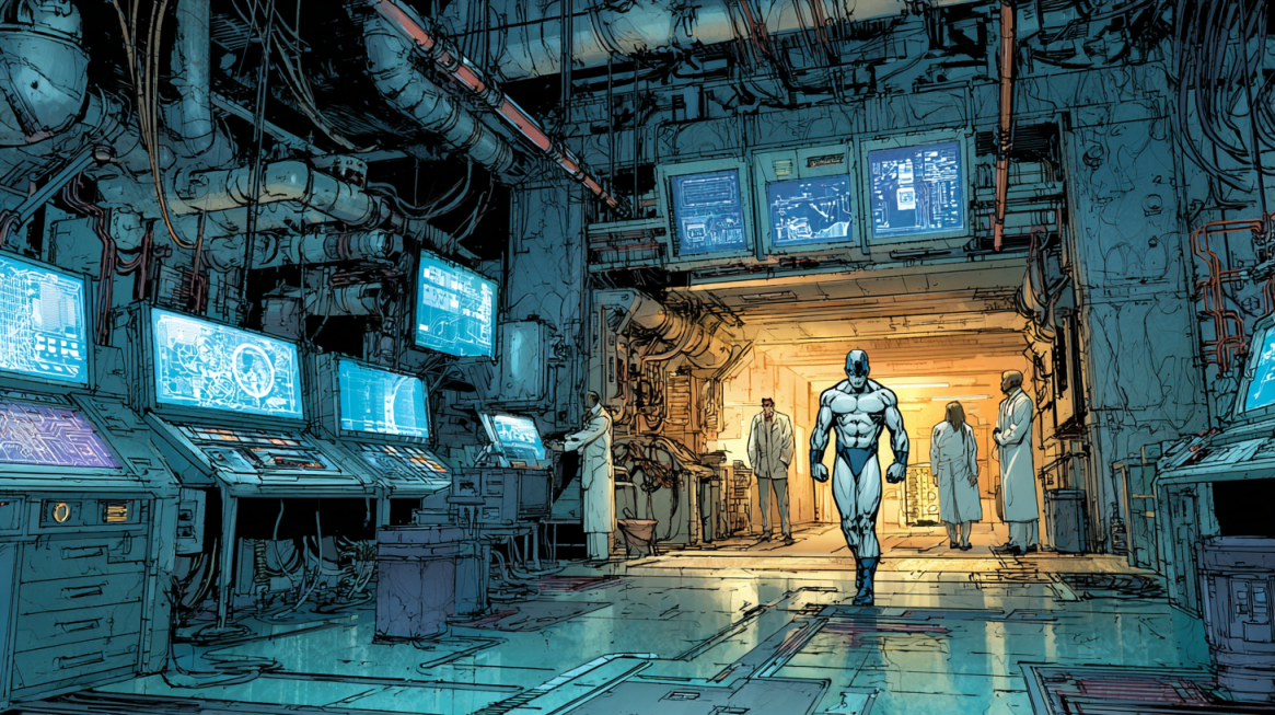 illustration of Ismael wearing a battle suit, standing among scientists in an large laboratory