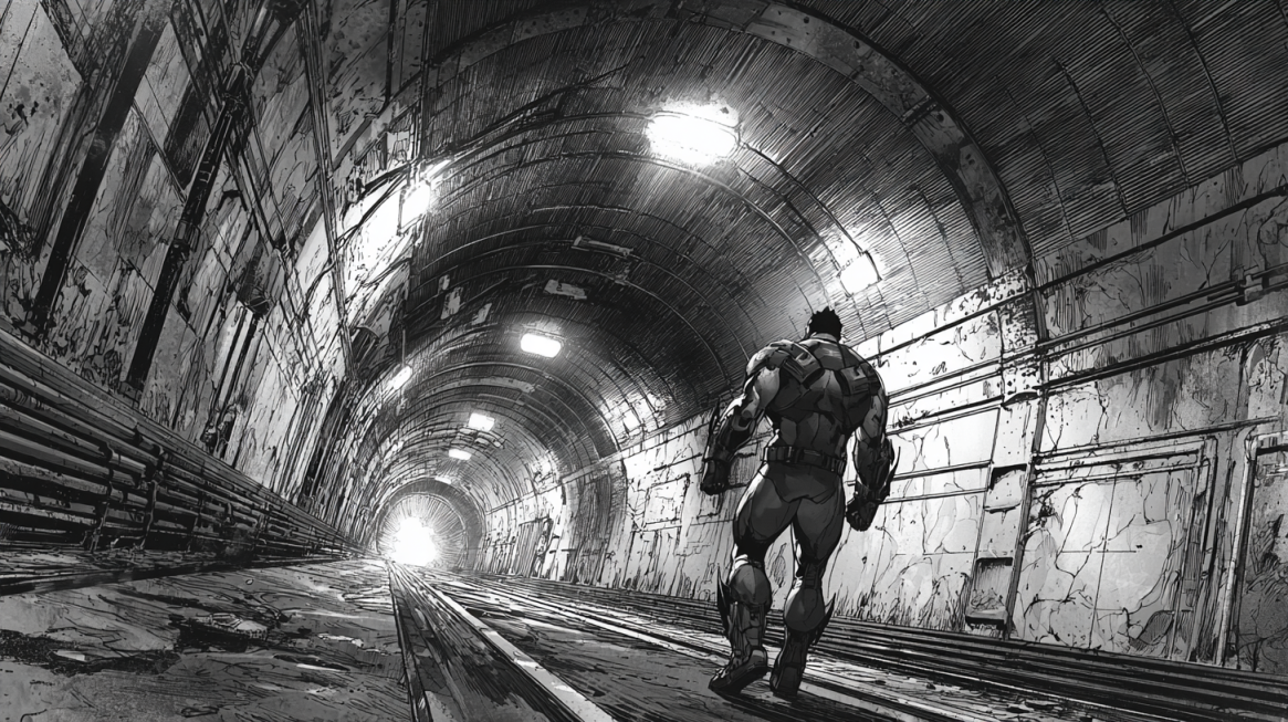 illustration of Ismael walking through a dark subway tunnel searching for vampires